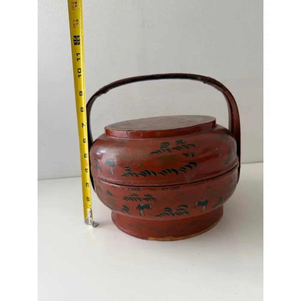 Vintage Traditional Chinese Asian Wedding Wooden Handled Basket Signed